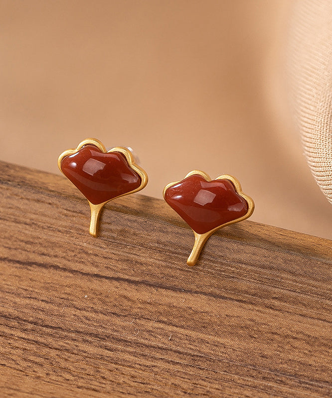 Boucles d'oreilles à tige en argent sterling avec feuille de ginkgo surdorée en agate de mûre Vogue - Urbann-Vibe