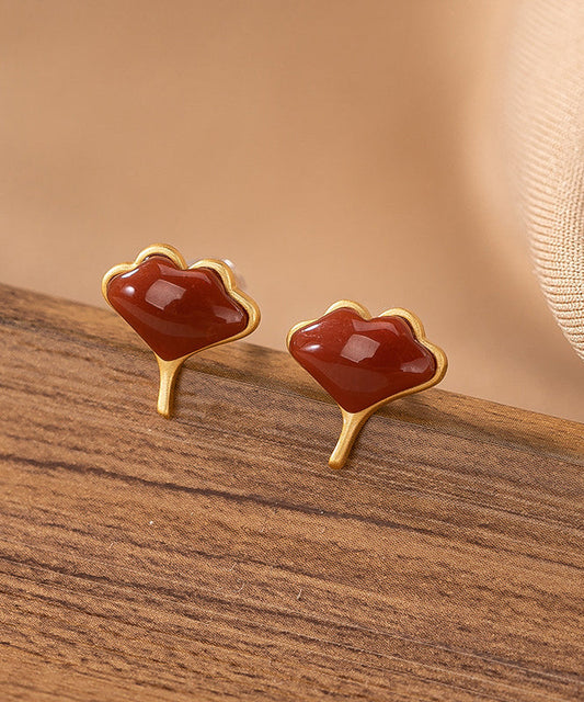 Boucles d'oreilles à tige en argent sterling avec feuille de ginkgo surdorée en agate de mûre Vogue - Urbann-Vibe