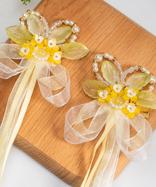 Vogue Ruban en mousseline de soie jaune Perle Glaze Osmanthus Enfants Une paire d'épingles à cheveux - Urbann-Vibe
