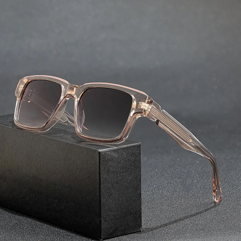 Men's square sunglasses clear crystal frames jet-black arms gradient UV400 lenses urban edge style