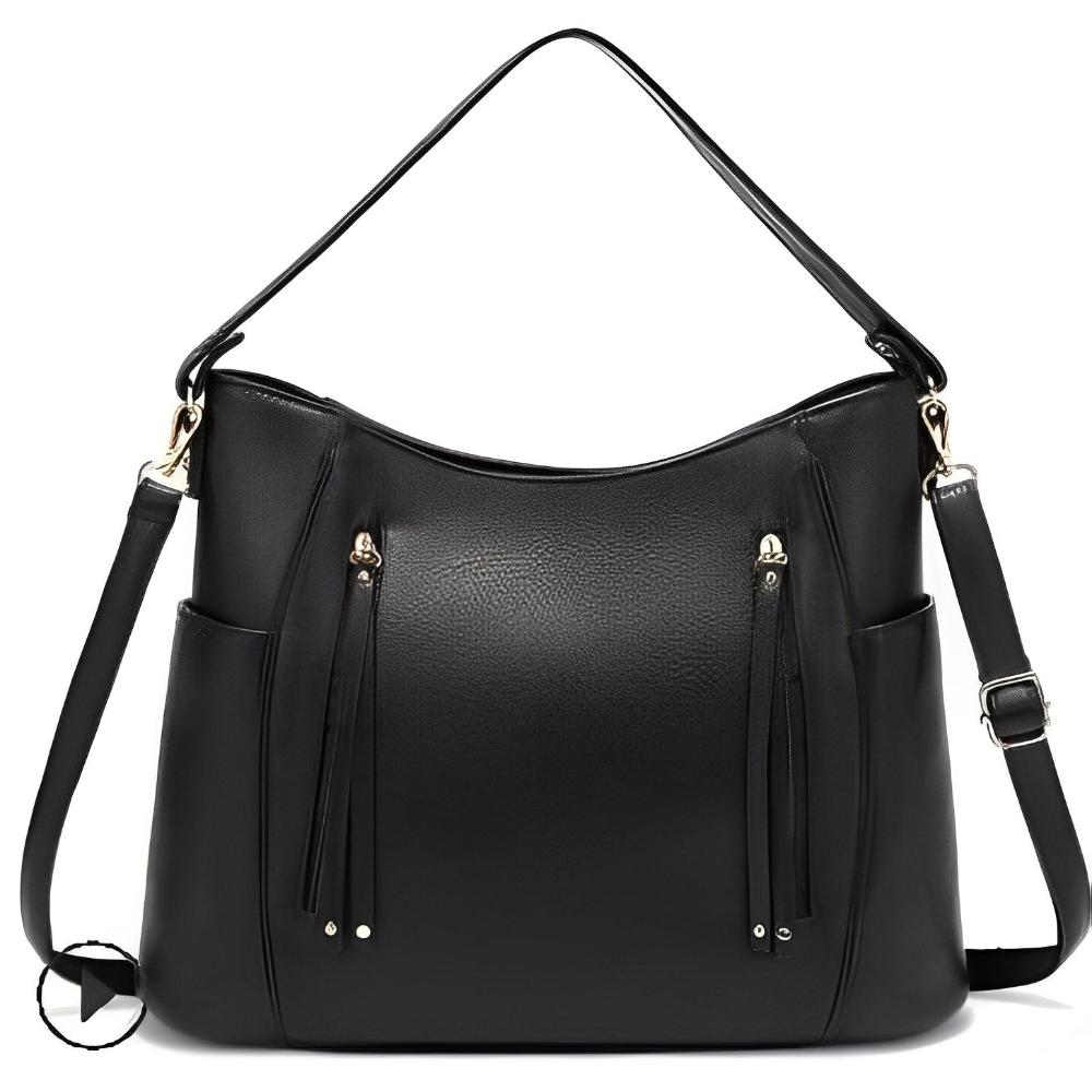 Colleen black vegan leather slouchy hobo bag with dual top handles and adjustable shoulder strap