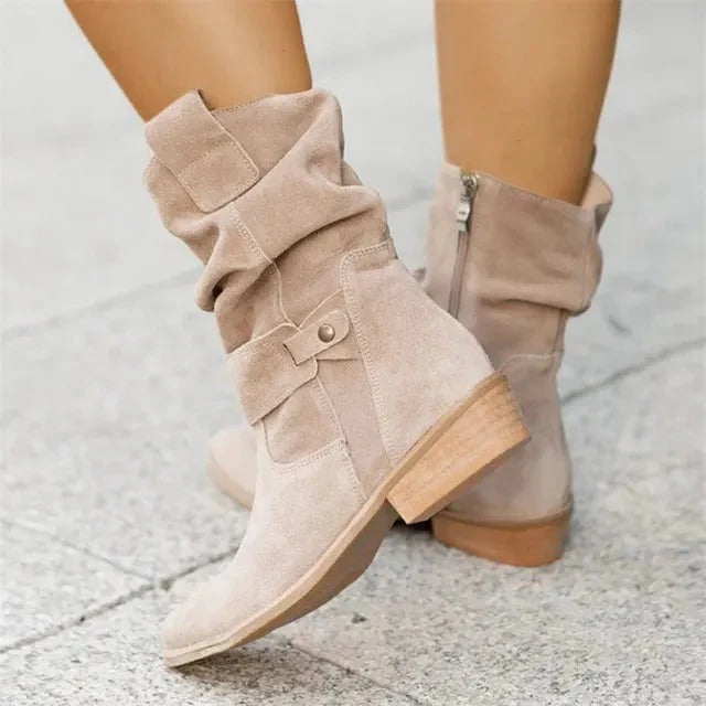 Women's brown suede slouchy ankle boots with relaxed silhouette, warm lining, chic everyday winter style