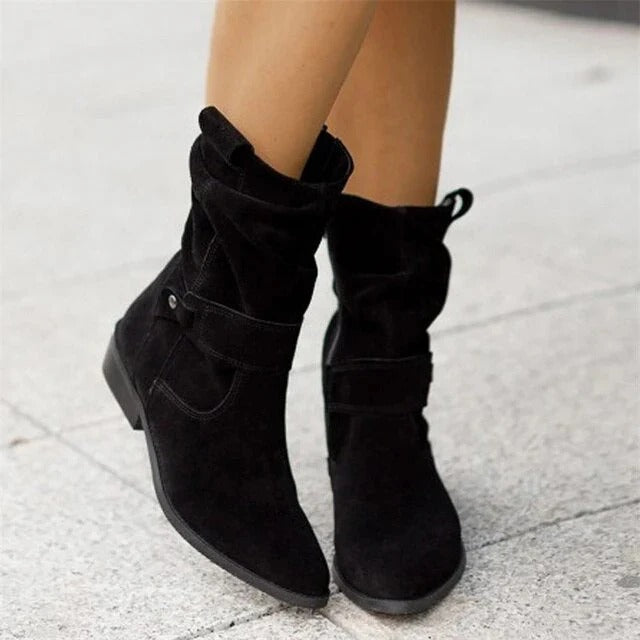 Women's brown suede slouchy ankle boots with relaxed silhouette, warm lining, chic everyday winter style