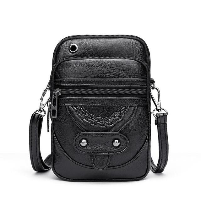 Structured faux leather crossbody phone bag with braided detail and gold stud embellishments