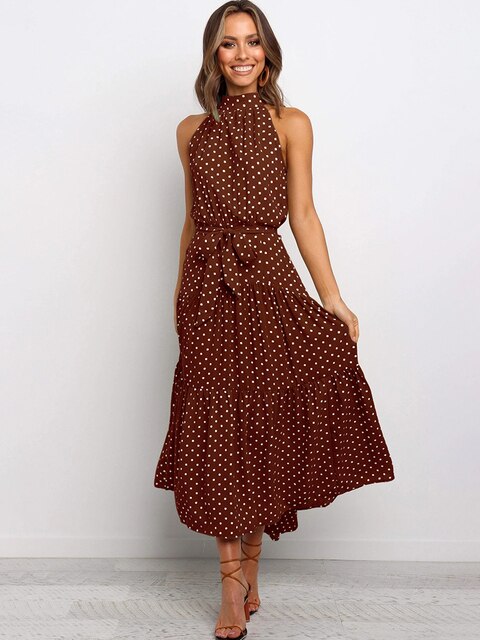 Black white polka dot sleeveless maxi dress high neck tie waist modern summer style