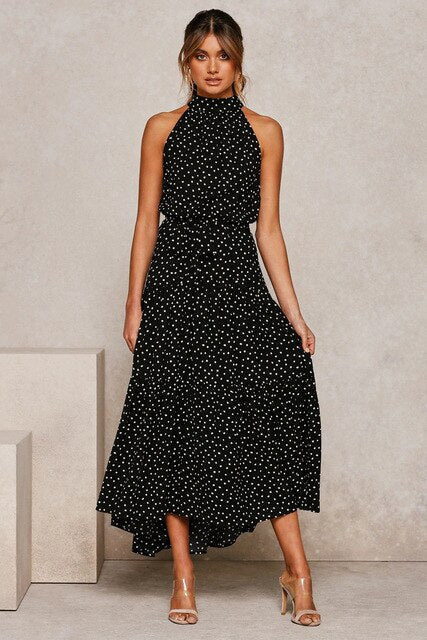 Polka dot maxi dress high neck sleeveless tie waist summer style modern women effortless elegance
