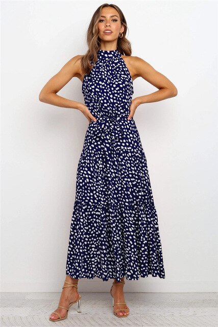 Black white polka dot sleeveless maxi dress high neck tie waist effortless summer style women