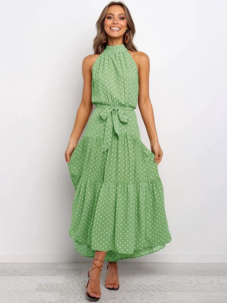 Polka dot maxi dress high neck sleeveless tie waist timeless summer style for modern women