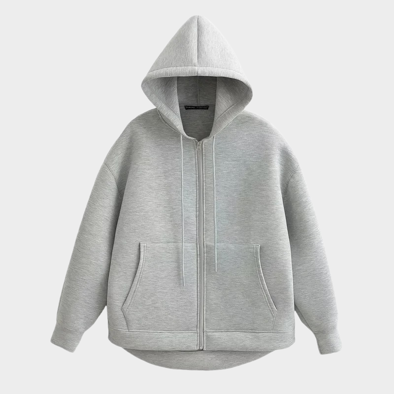 Dark gray to black unisex hooded jacket polyester-cotton blend drawstring hood front pockets casual fit