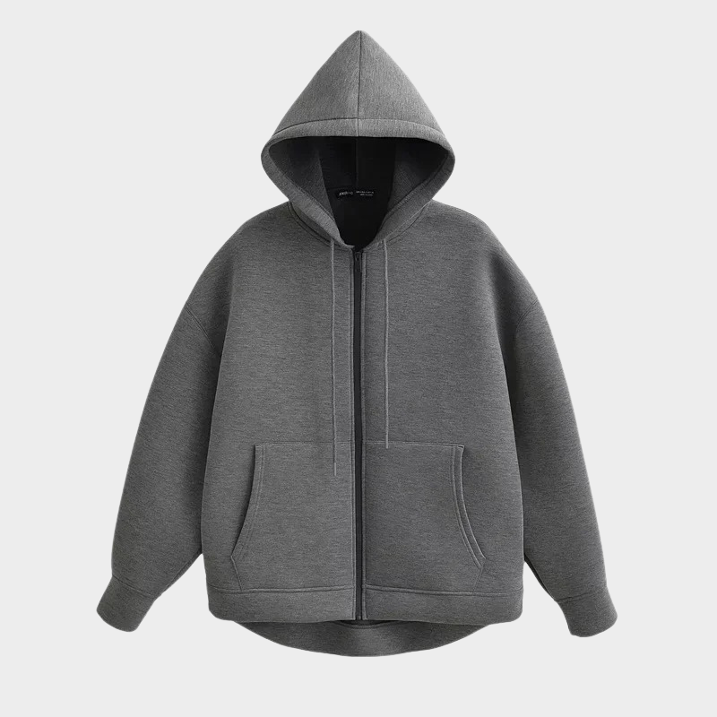 Dark gray to black unisex hooded jacket polyester-cotton blend with drawstring hood and front pockets