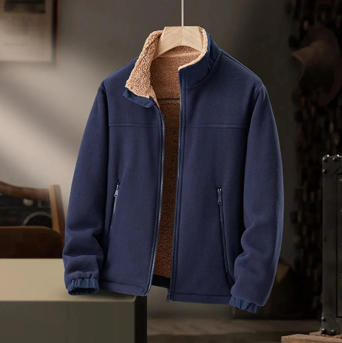 Men's sherpa lined fleece jacket with plush inner lining, warm cozy cold weather zip-up coat