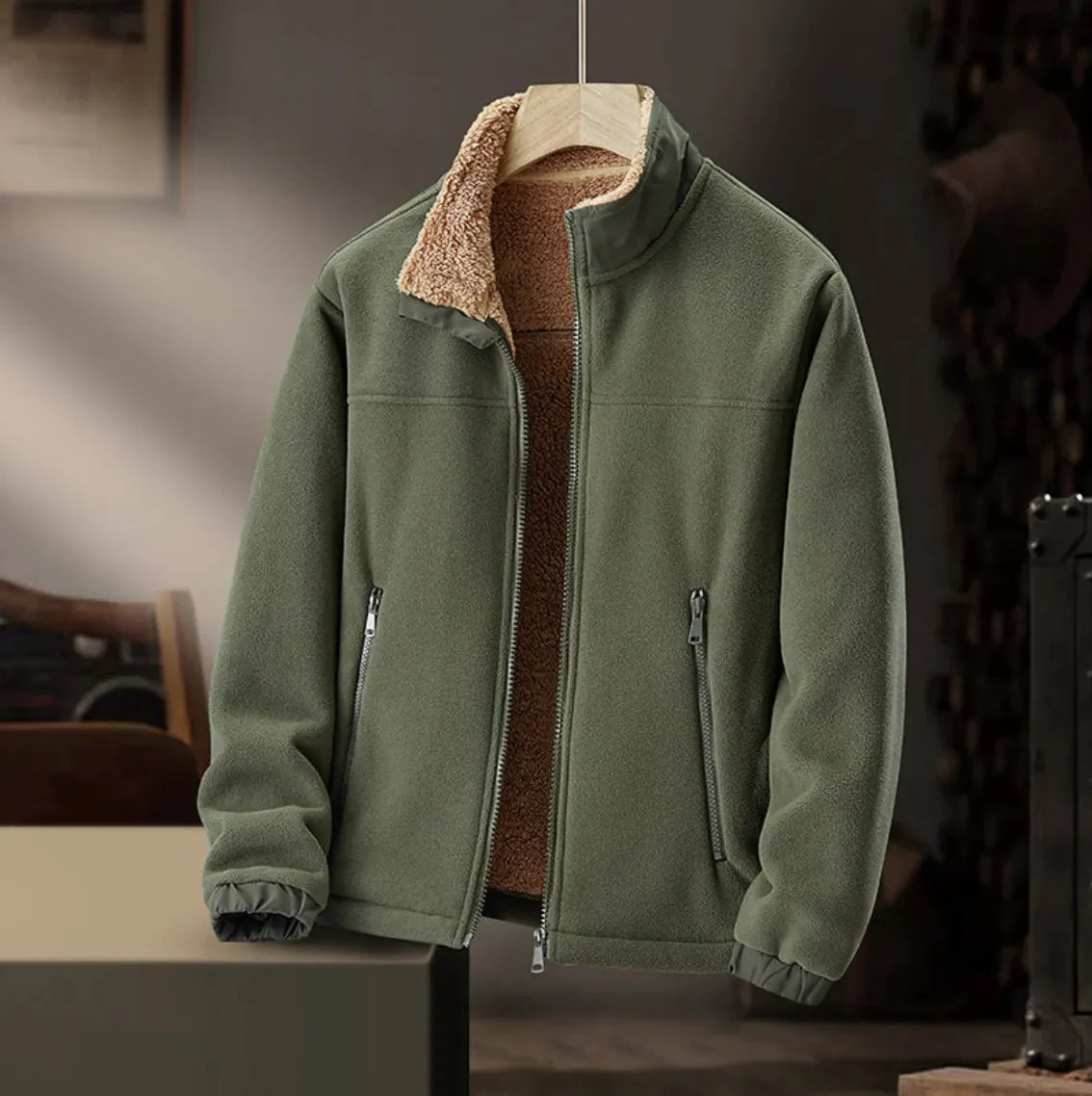 Men's sherpa lined fleece jacket with plush inner lining, warm cozy cold weather coat for men