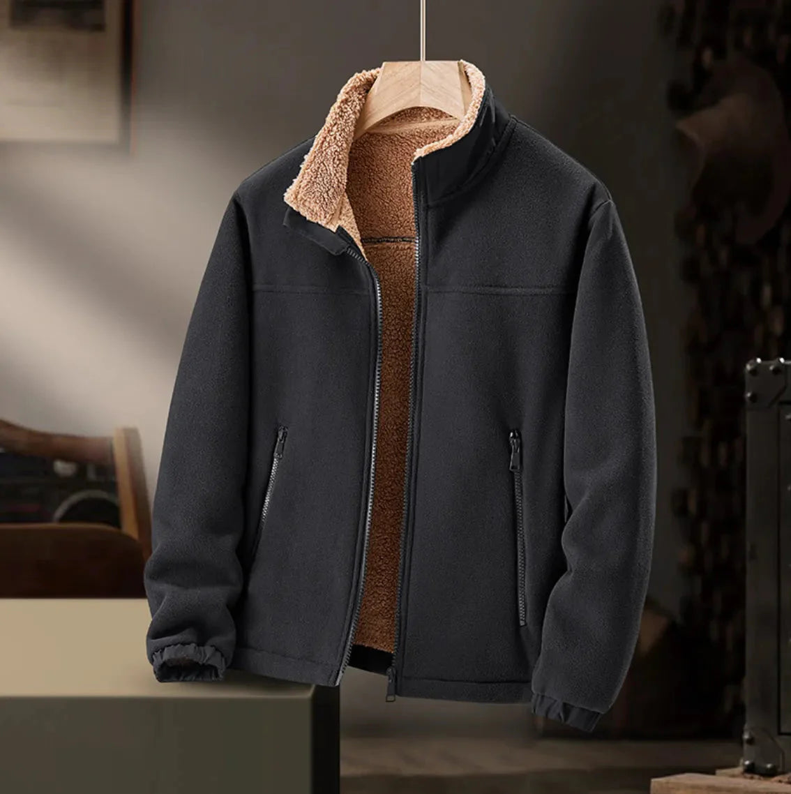 Men's sherpa lined fleece jacket with plush inner lining, relaxed fit, designed for cold weather warmth