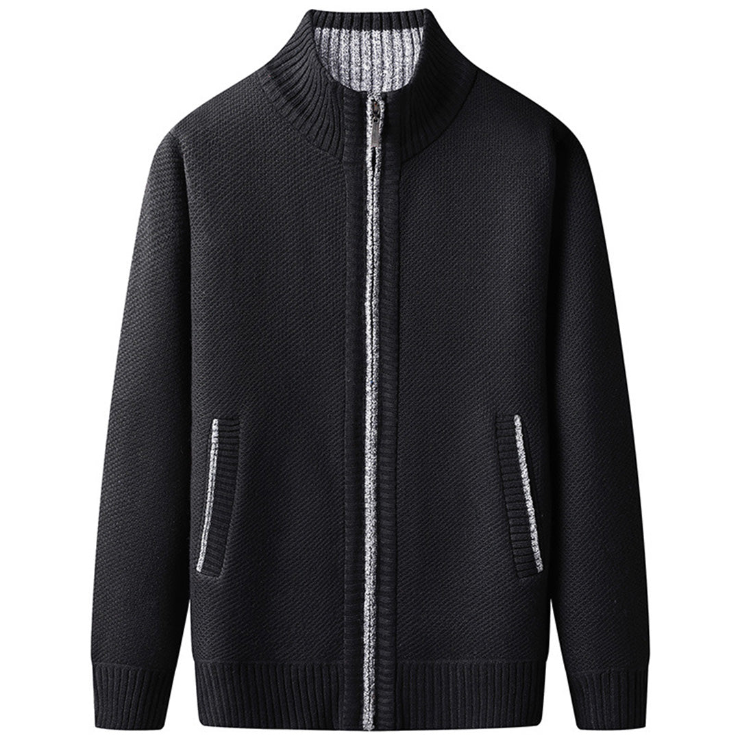 Jordan men's black knit zip sweater with ribbed collar, cuffs, and hem for warm layered style