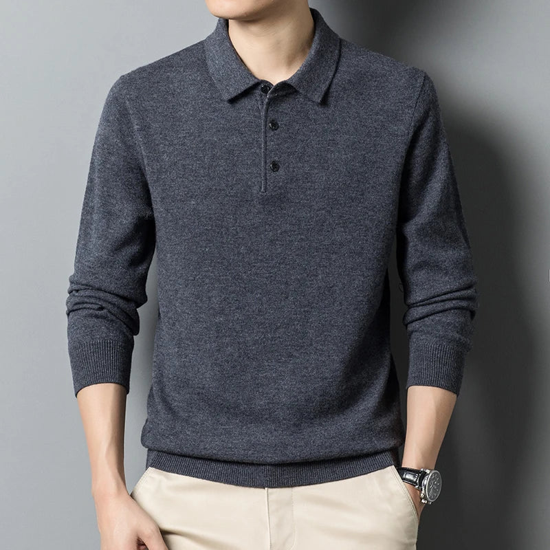 Men's navy wool blend polo collar sweater regular fit with ribbed cuffs, cozy warm knit
