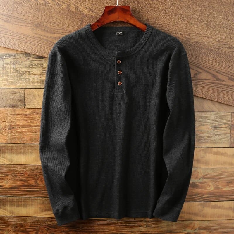 Men's classic long sleeve shirt in neutral tone with buttoned neckline, breathable cotton everyday essential