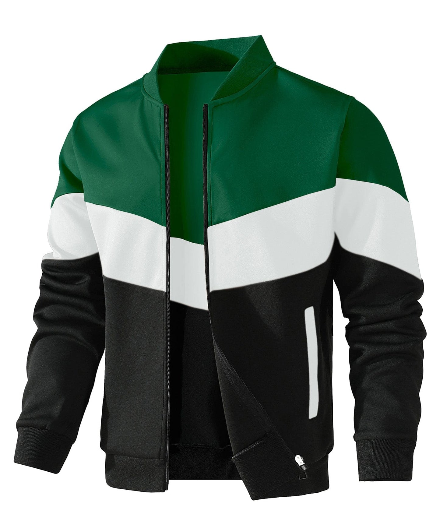 Men's color block hip-length bomber jacket with zip front, ribbed collar, and casual winter fit