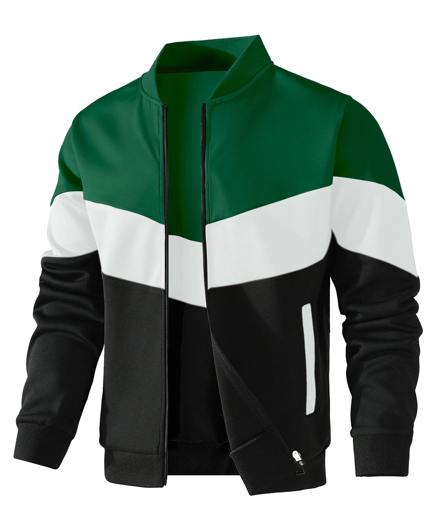 Men's color block hip-length bomber jacket with zip front, ribbed collar, and casual winter fit