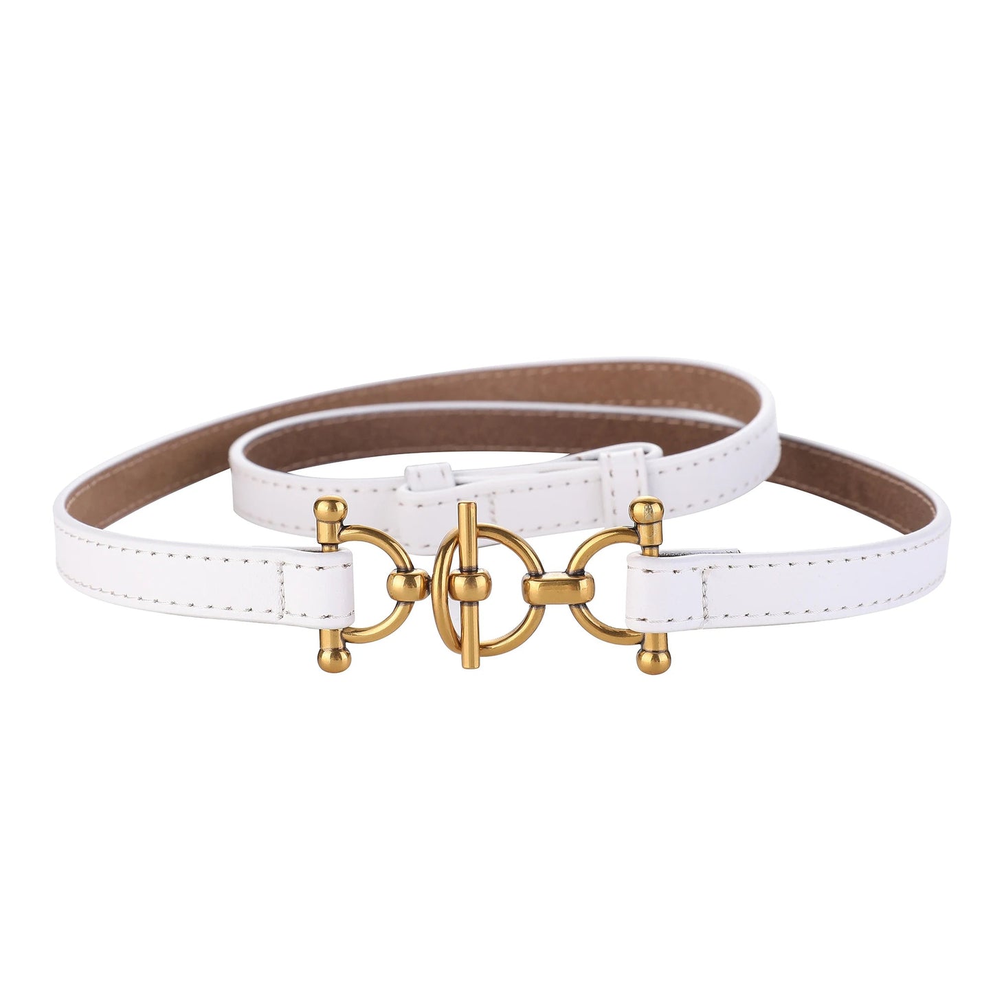 Women's genuine leather slim waist belt in tan with brushed gold toggle buckle accent