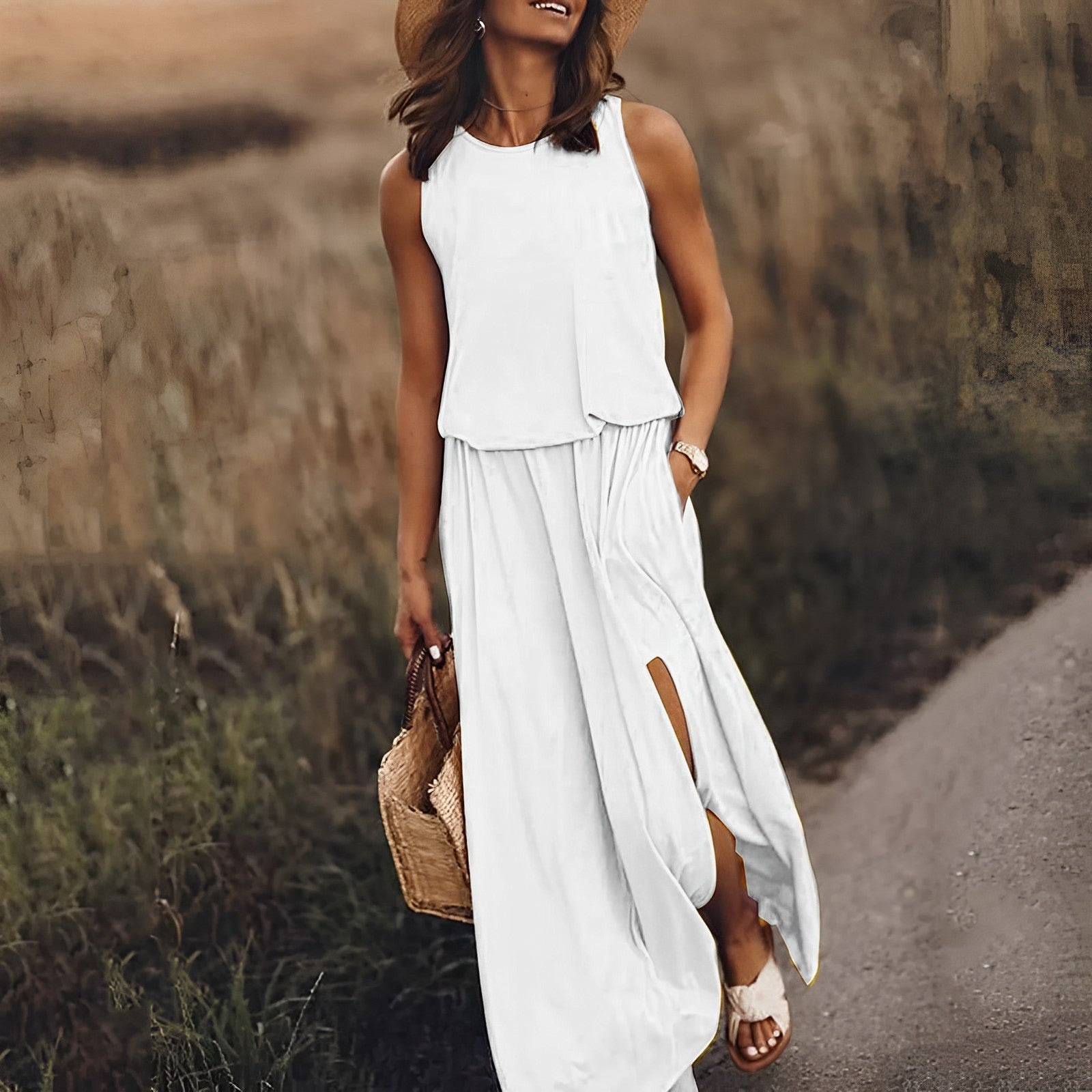 Jonna sleeveless retro maxi dress for women, breathable fabric, elegant long silhouette travel-ready