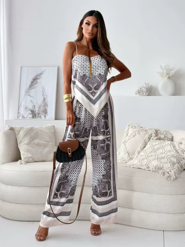 Women silk blend sleeveless cropped spaghetti top wide leg pants set vacation ready comfort