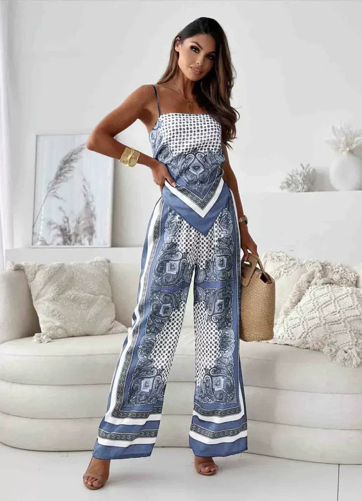 Women's silk blend cropped spaghetti top and wide-leg pants set, sleeveless vacation outfit