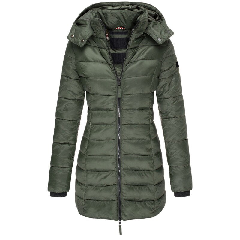 Women's slim-fit mid-thigh puffer jacket in neutral tone with detachable hood lightweight insulation