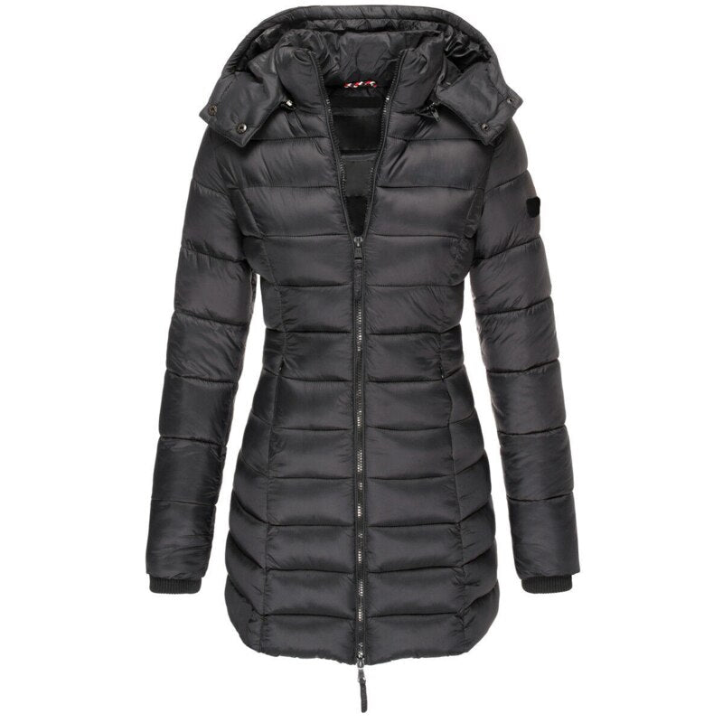 Women's slim-fit mid-thigh puffer jacket with detachable hood, lightweight insulation, sleek silhouette
