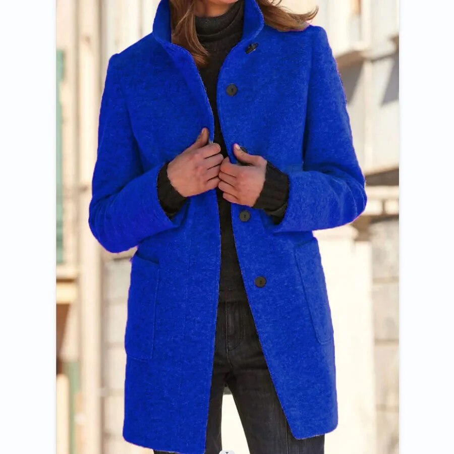 Women's charcoal grey wool blend coat tailored fit high collar single-breasted classic silhouette