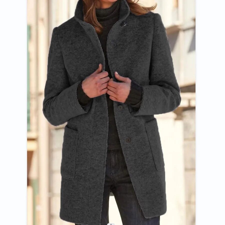 Women's charcoal grey wool coat tailored fit high collar single-breasted classic silhouette