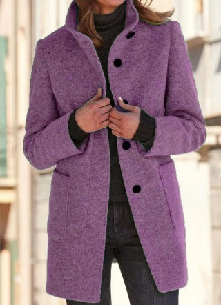 Women's charcoal grey wool coat tailored fit high collar single-breasted polished silhouette
