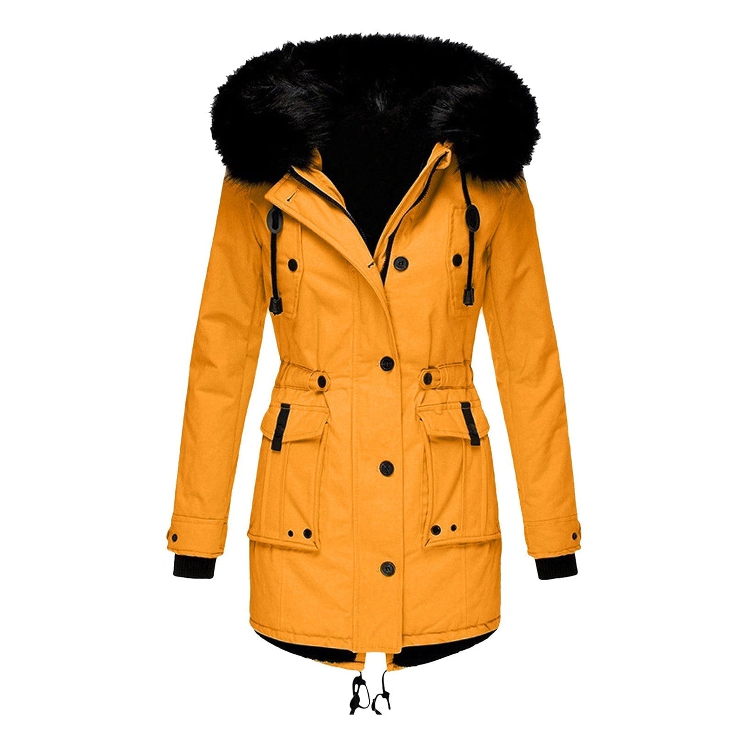 Hooded fur-lined parka with adjustable waist drawstring, warm cozy winter coat for cold weather