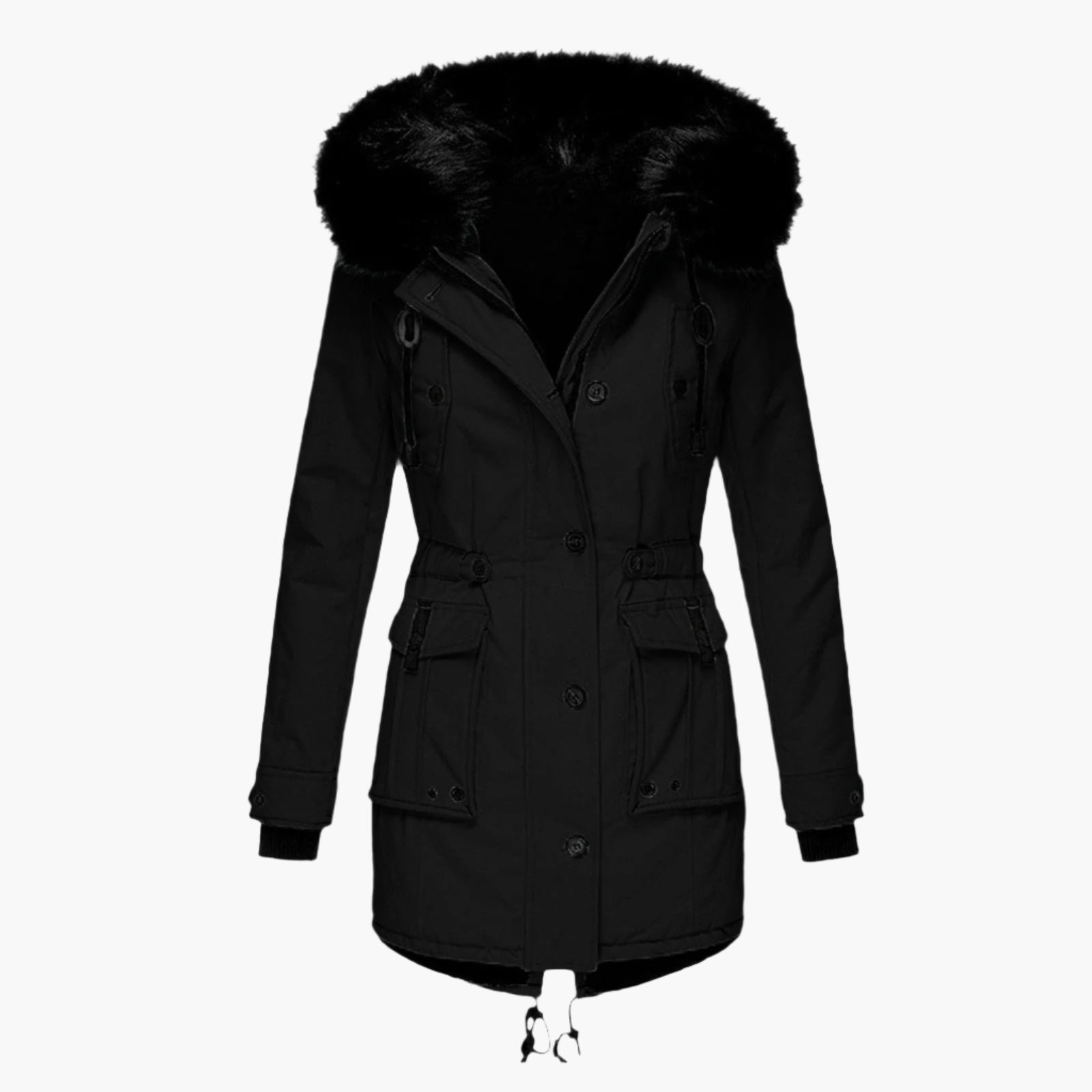 Women's fitted hooded winter coat in bold city style with flattering silhouette and modern detailing