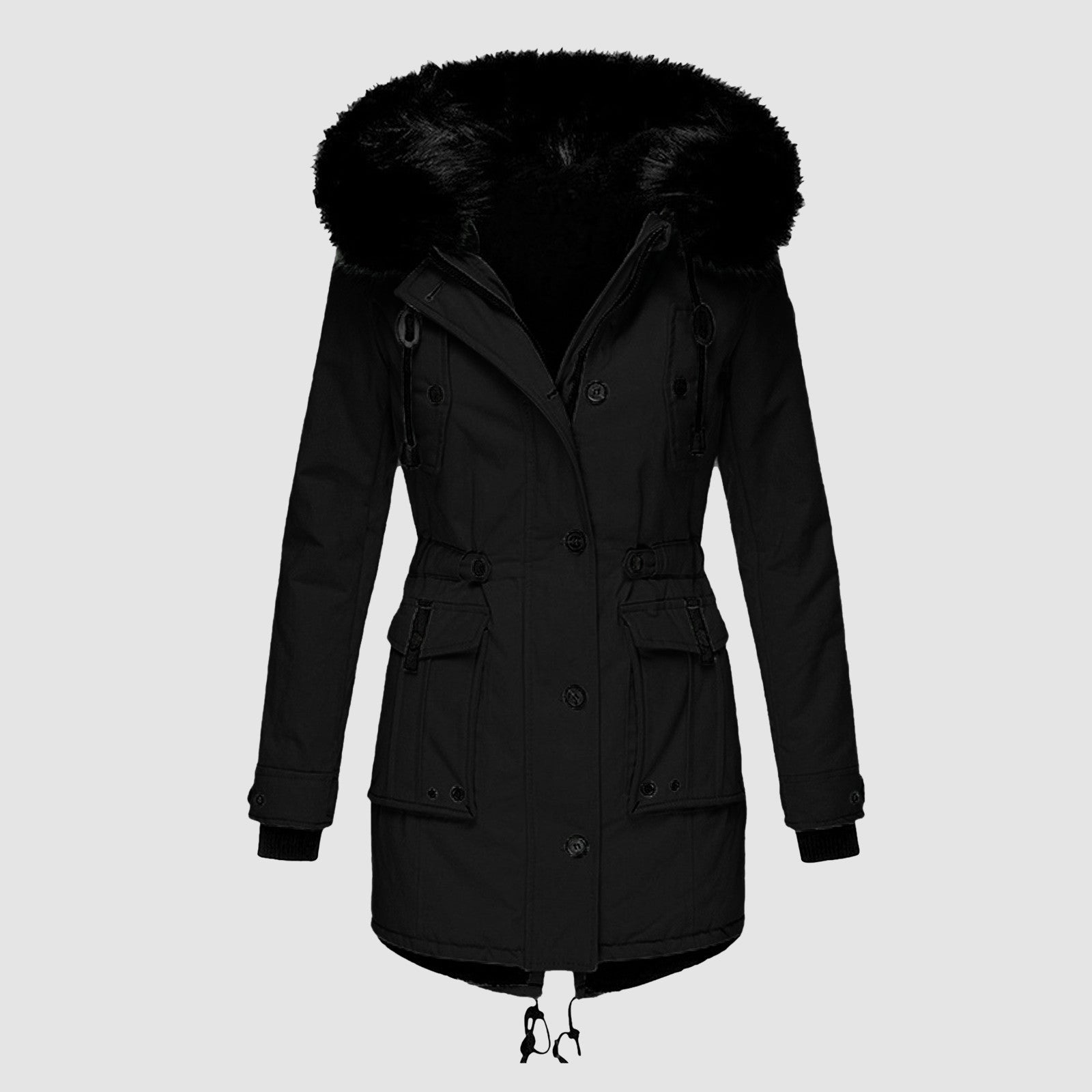 Hooded fur-lined parka with adjustable waist drawstring, cozy urban cold-weather style