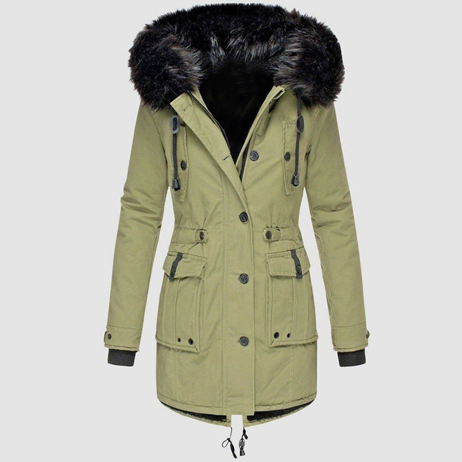 Bold yellow faux fur hooded parka with drawstring waist, stylish cold-weather outdoor coat