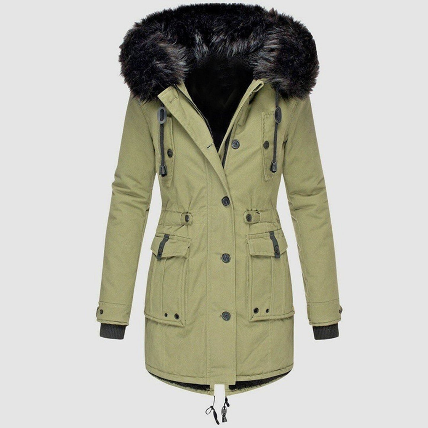 Hooded fur-lined parka with adjustable waist drawstring, cold-weather style with cozy faux-fur trim