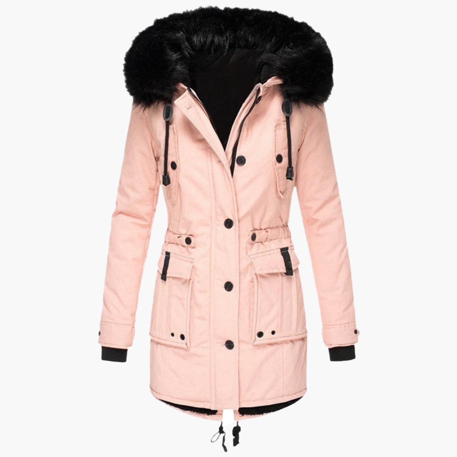 Women's fitted hooded winter coat in bold city style with flattering silhouette and modern detailing