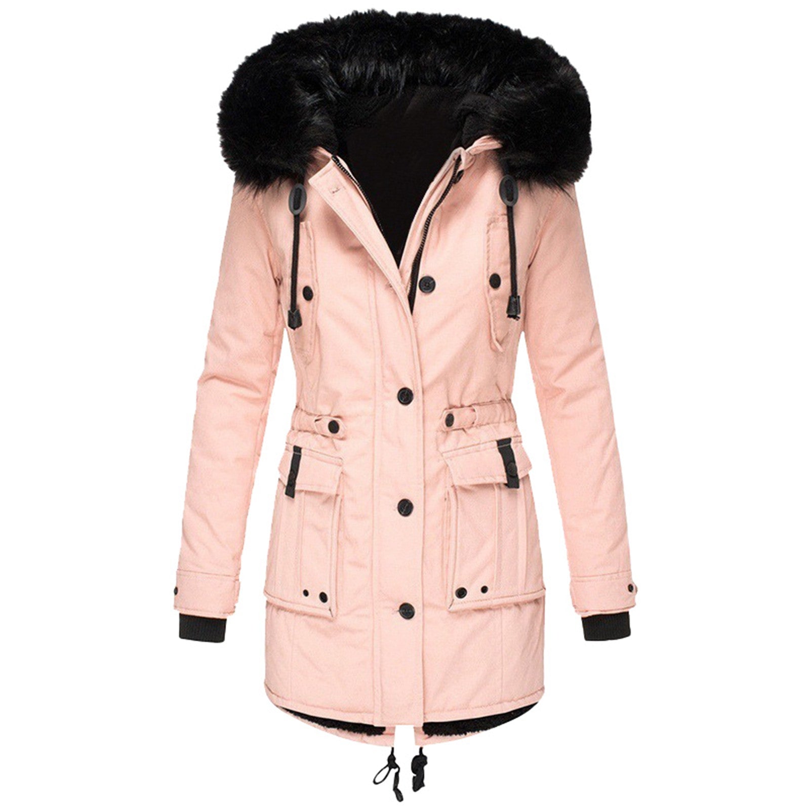 Women's insulated hooded winter jacket with plush fur-trim hood and adjustable waist, modern fit