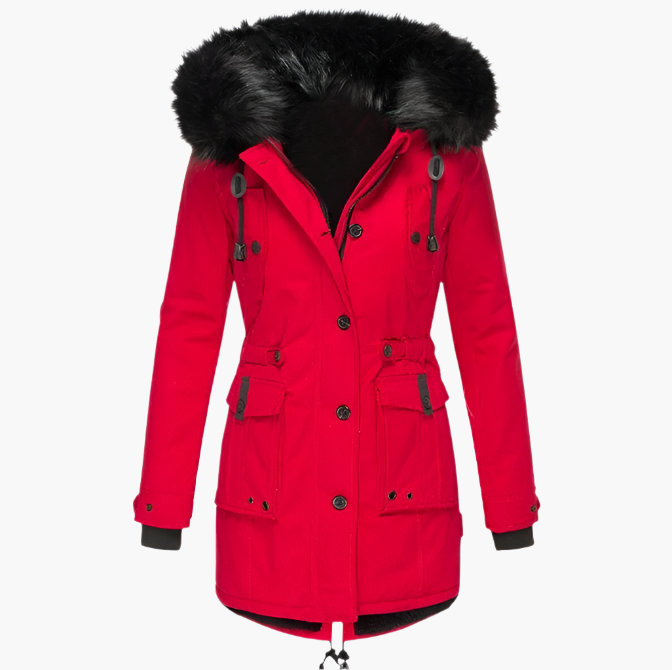 Women's fitted hooded winter coat in bold city style with flattering silhouette for daily wear