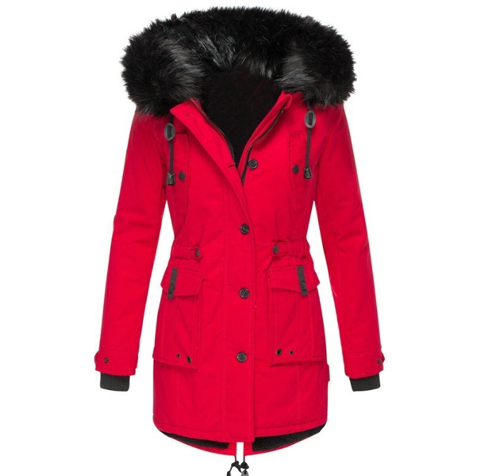 Bold yellow faux fur hooded parka with drawstring waist, cold-weather outdoor style