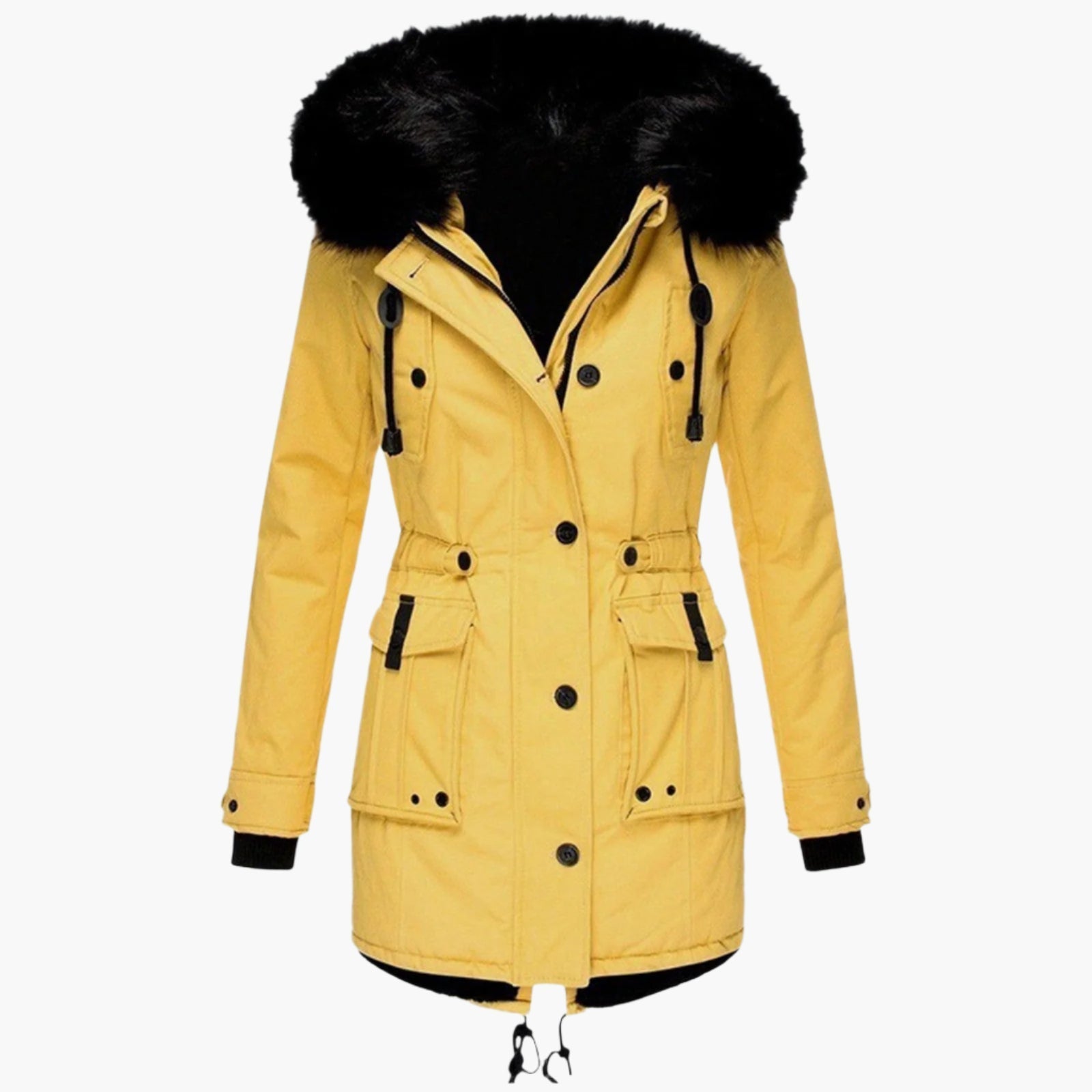 Women's fitted hooded winter coat in bold city style with flattering silhouette and modern detailing