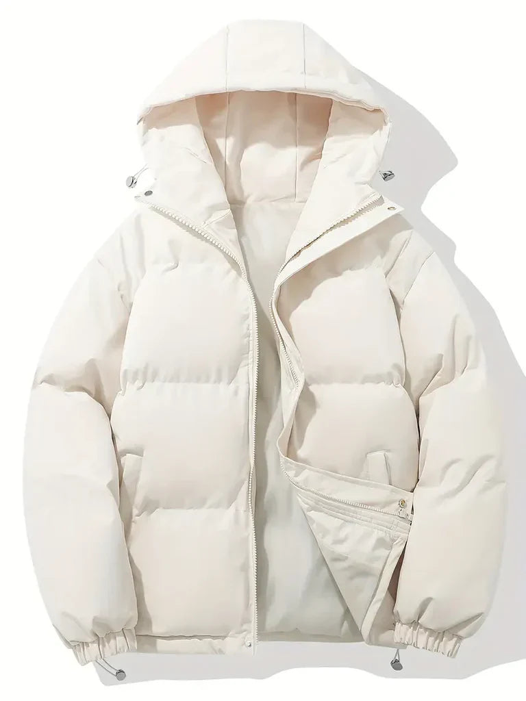 Women's oversized hooded puffer jacket hip-length black zipper closure drawstring hem winter coat