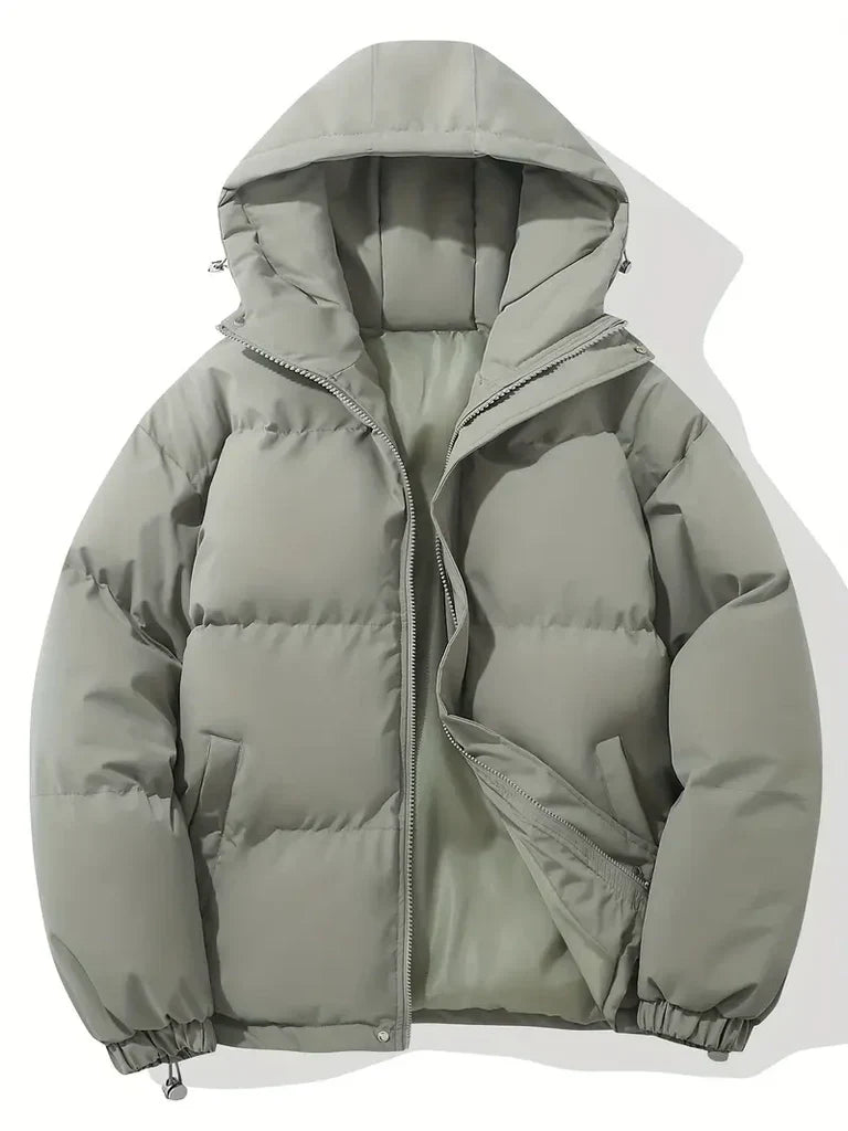 Women's oversized hooded puffer jacket hip-length padded winter coat with drawstring hem zipper