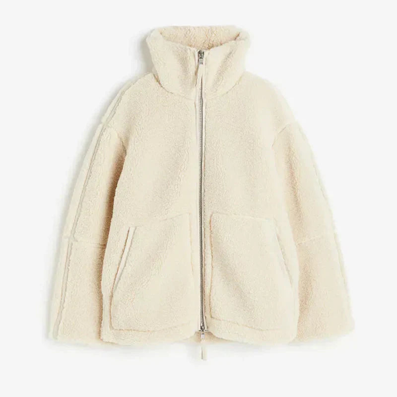 Women's sherpa fleece jacket cozy ivory high collar Nordic-inspired zip-up layering essential