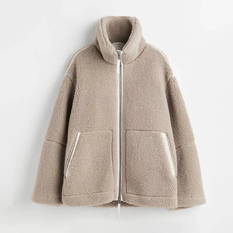 Women's sherpa fleece jacket cozy warm high collar Nordic-inspired layering essential