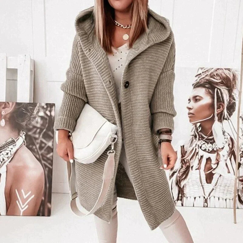 Women's cozy hooded knit cardigan jacket relaxed silhouette soft layering piece for effortless warmth