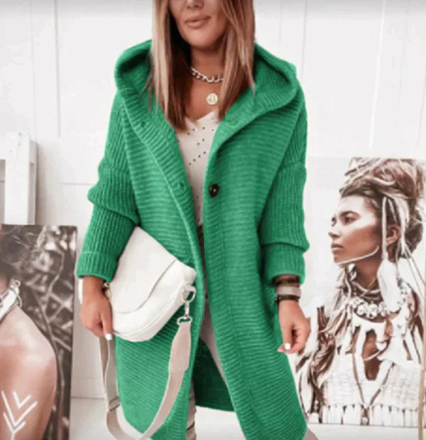 Women's cozy hooded knit cardigan jacket in neutral tone, relaxed silhouette with soft layering warmth
