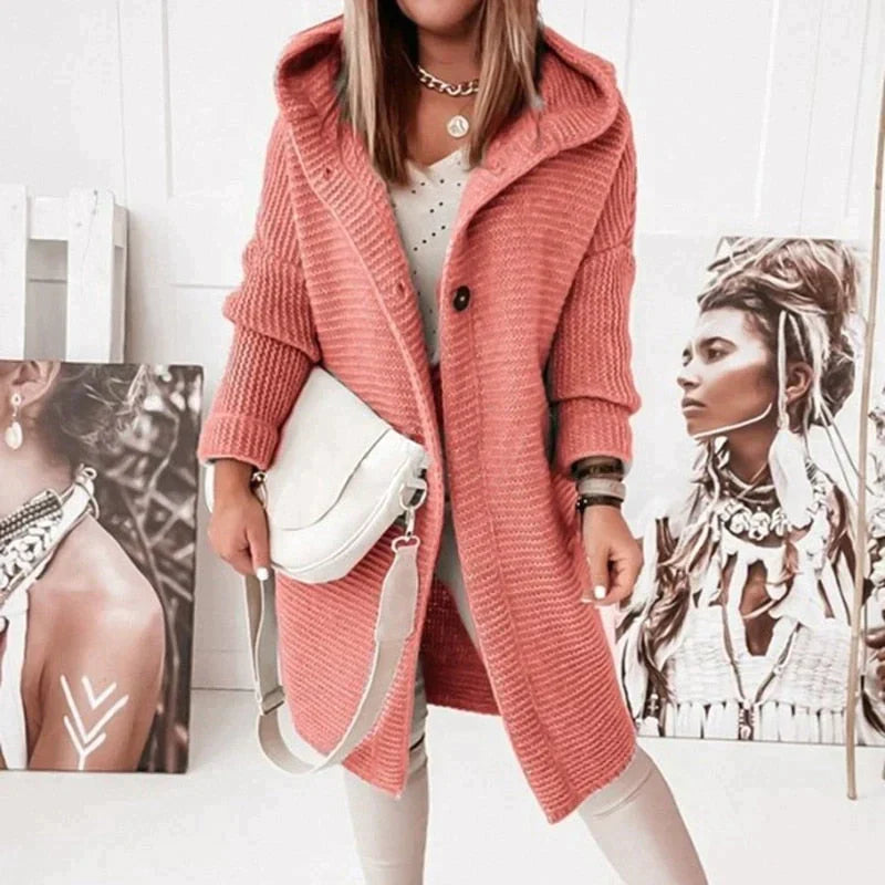 Women's cozy hooded knit cardigan jacket in relaxed silhouette with soft layering warmth