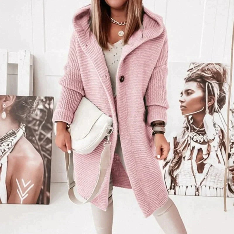 Women's cozy hooded knit cardigan jacket in neutral tones, relaxed fit with soft layering warmth