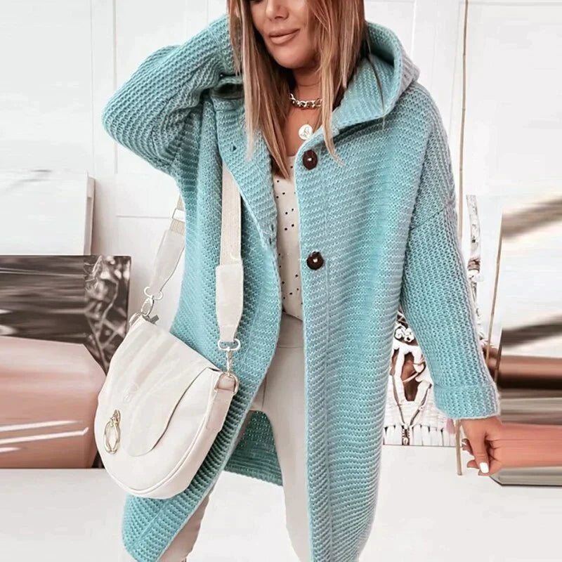 Women's cozy hooded knit cardigan jacket relaxed silhouette soft knitted fabric for layering warmth